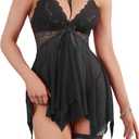 Bow Sexy Lingerie For Women Floral Lace Babydoll Nightdress Women's Sleepwear Chemise Nightwear With Fishnet Stockings（Black S)
