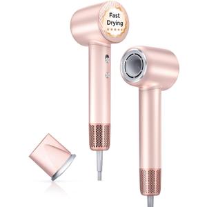 Hair Dryer, Professional 140000 RPM High-Speed Brushless Motor Negative Ionic Low Noise Blow Dryer for Fast Drying, Thermo-Control Quiet with Magnetic Nozzle for Home Travel Salon Use,Pink