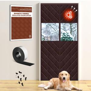 Insulated Magnetic Door Curtain for Winter, Thermal Door Cover with Triple-Layer Oxford Fabric, Windproof Cold Draft Blocker, Energy Saving Waterproof Curtain for Indoor Outdoor (Fit Door 32*80 Screen:35*82, Transparent Coffee)
