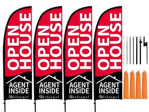 MESIXI 8.2 ft Open House Flags Signs for Real Estate Agents Advertising Supplies, Feather Flag with Pole Kit and Ground Stake, Yard Sign Banner Flagpole Posts for Opening Businesses Outside Red