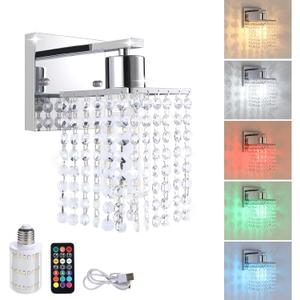 Crystal Battery Operated Wall Sconce, Rechargeable Wall Lamp with 5200mAh Battery & Remote Control, Modern Dimmable Wireless Wall Lights Fixture for Bedroom Bathroom (Clear, Silver Base)
