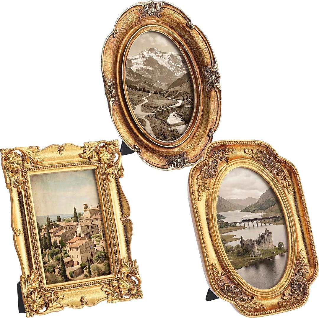 Lineshading 3 Pcs Vintage Gold Photo Frame 4x6, Baroque Ornate Resin Picture Frames Set with Glass Front, 3 Styles for Table Top Display and Wall Hanging Hotel Home Wedding Photography Prop (Classic)