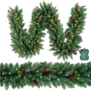 Christmas Garland 9ft with 70 Muticolor and Warm Led, 330 Tips Prelit Fraser Fir Xmas Garland with 70 LED Lights, Lush and Classics Green Style with Pine Cone for Indoor Outdoor Home Decoration