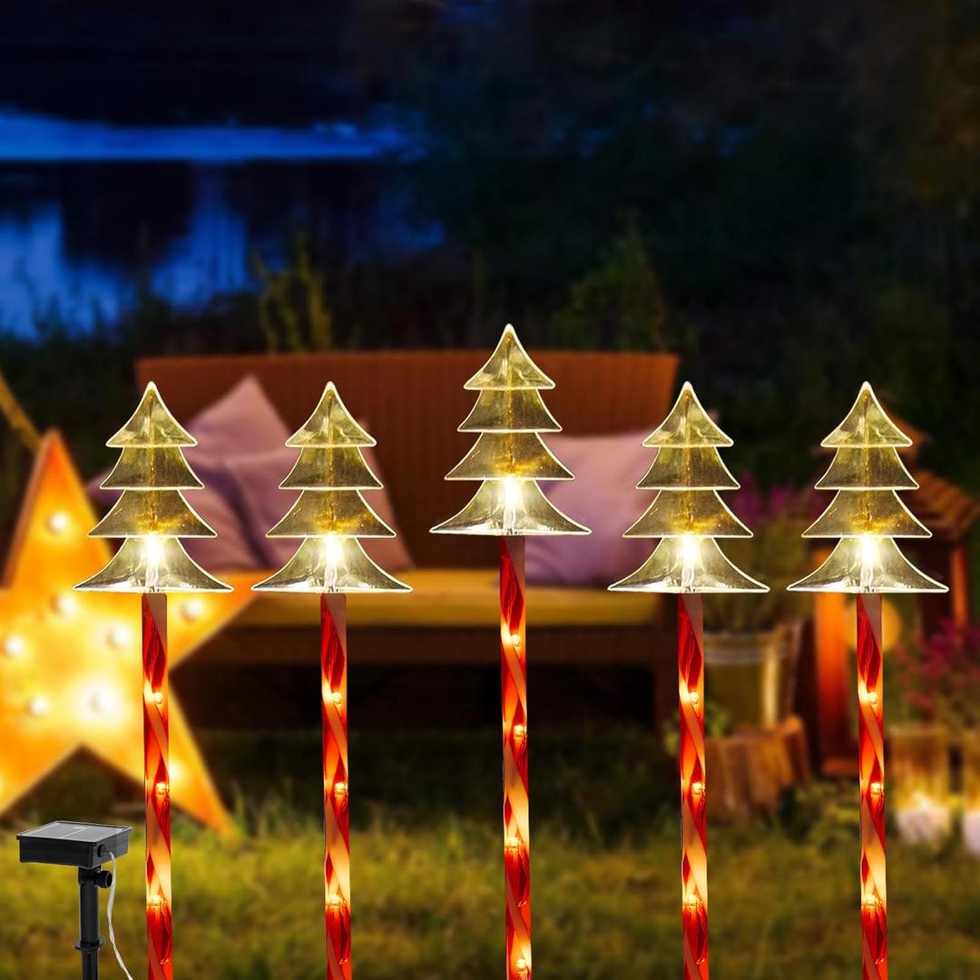 Hanna Roberts Christmas Solar Light Stake, Set of 5 Waterproof Landscape Christmas Lights, Trail Christmas Decorations, LED Lights (Trees) for Yard Lawn Patio Sidewalk Decorations