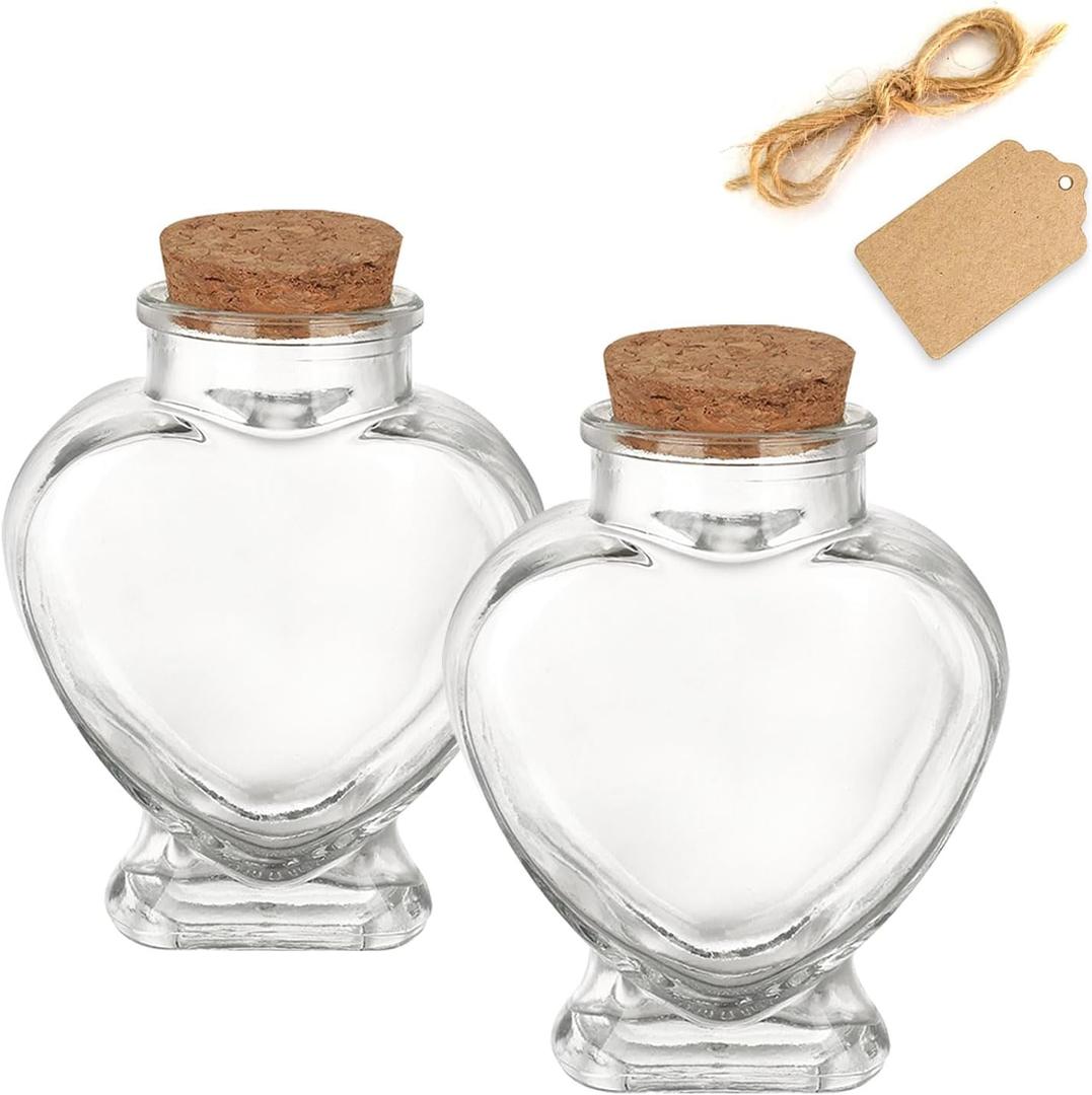 WHJY 2 pack 5oz Glass Jars with Cork Lids Decorative Glass Jars with Label Tag and String Heart Shaped Glass Containers for Anniversary DIY Art Craft Wedding Home Decor
