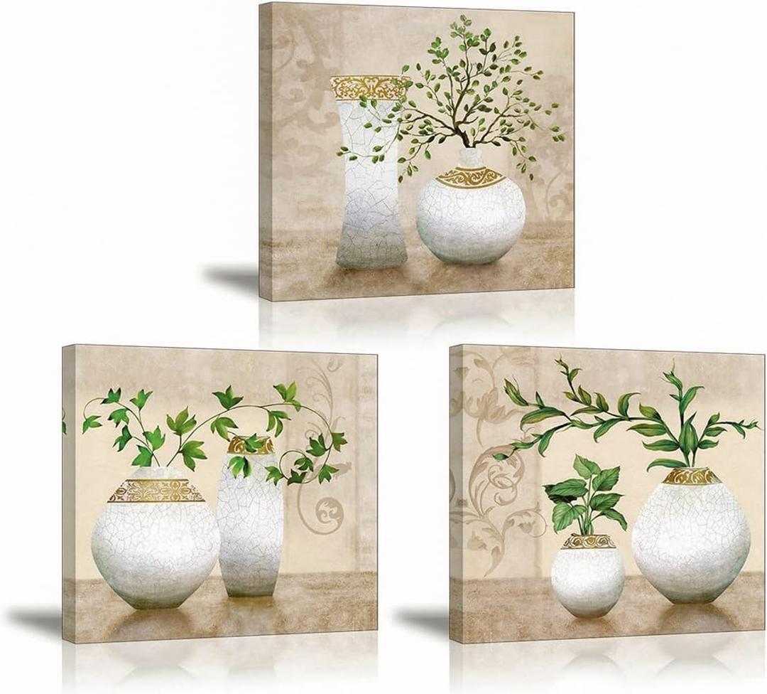 3 Piece Wall Art for Bathroom/Hallway, SZ HD Elegant Canvas Painting Prints of Green Spring Plants in Vases on Beige/Tan Picture (Waterproof Decor, Ready to Hang, 12x12 x3)