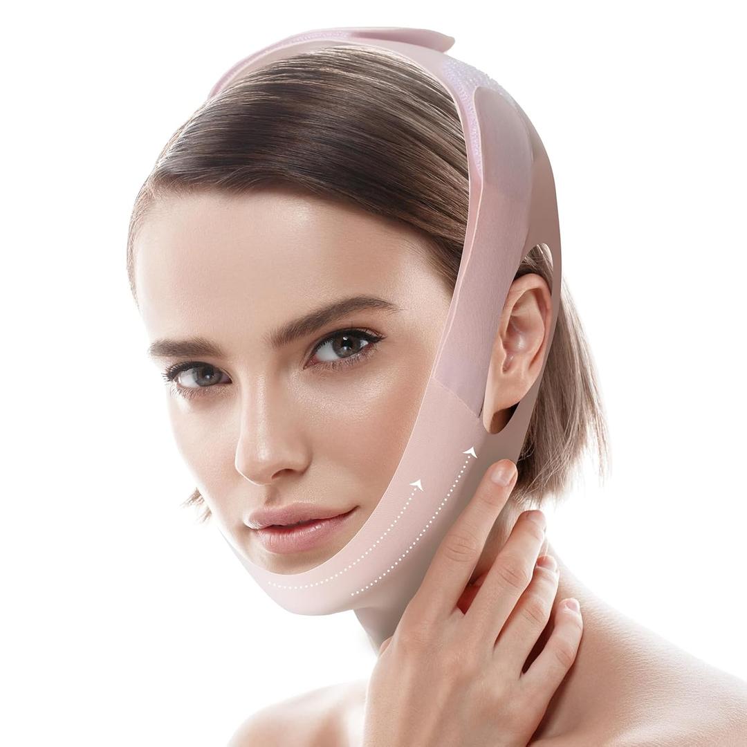 Jawline Shaper Chin Strap for Sleeping, Reusable V-Line Mask for Women Face Lifting Made w/ Electric-Hot-Press Tech for Skin-Friendly & Breathable Cooling Fabric (Pink, M)