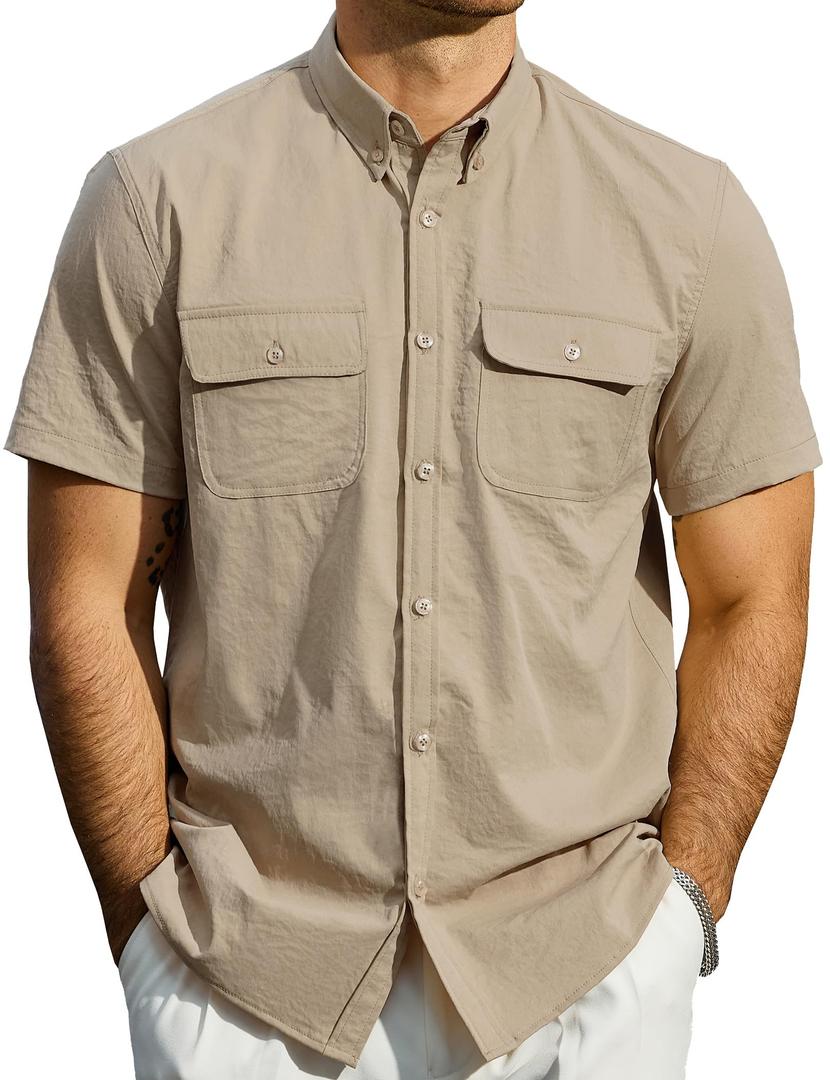 JOGAL Mens Work Shirts Button Down Short Sleeve Shirt LightKhaki XX-Large (XXL)