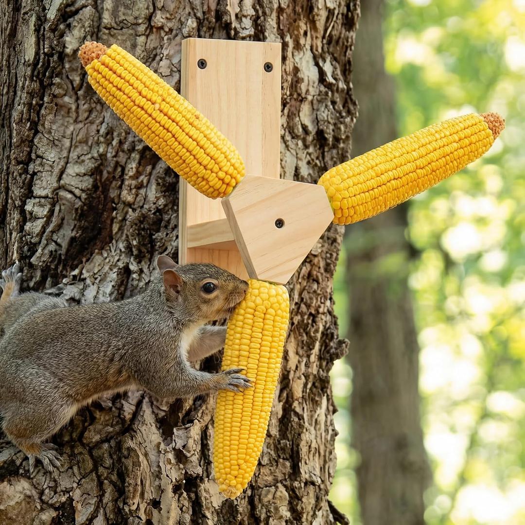LemonRoad Squirrel Feeder for Outside, Squirrel Spinner Corn Cob Holder with 3 Ears, Wooden Chipmunk Feeder No Corn (Beige)