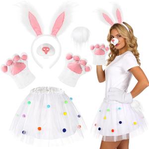 6pcs Easter Bunny Costume Adult, Rabbit Costume for Women with Tutu Nose Bunny Ears Headband Tail and Paw Gloves
