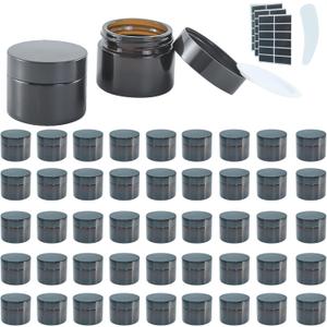 2Oz Small Amber Glass Jars with Lids, 45Pack Lotion Container, Cosmetic Containers, Little Travel Jars for Creams with Mini Spoon, Black Label