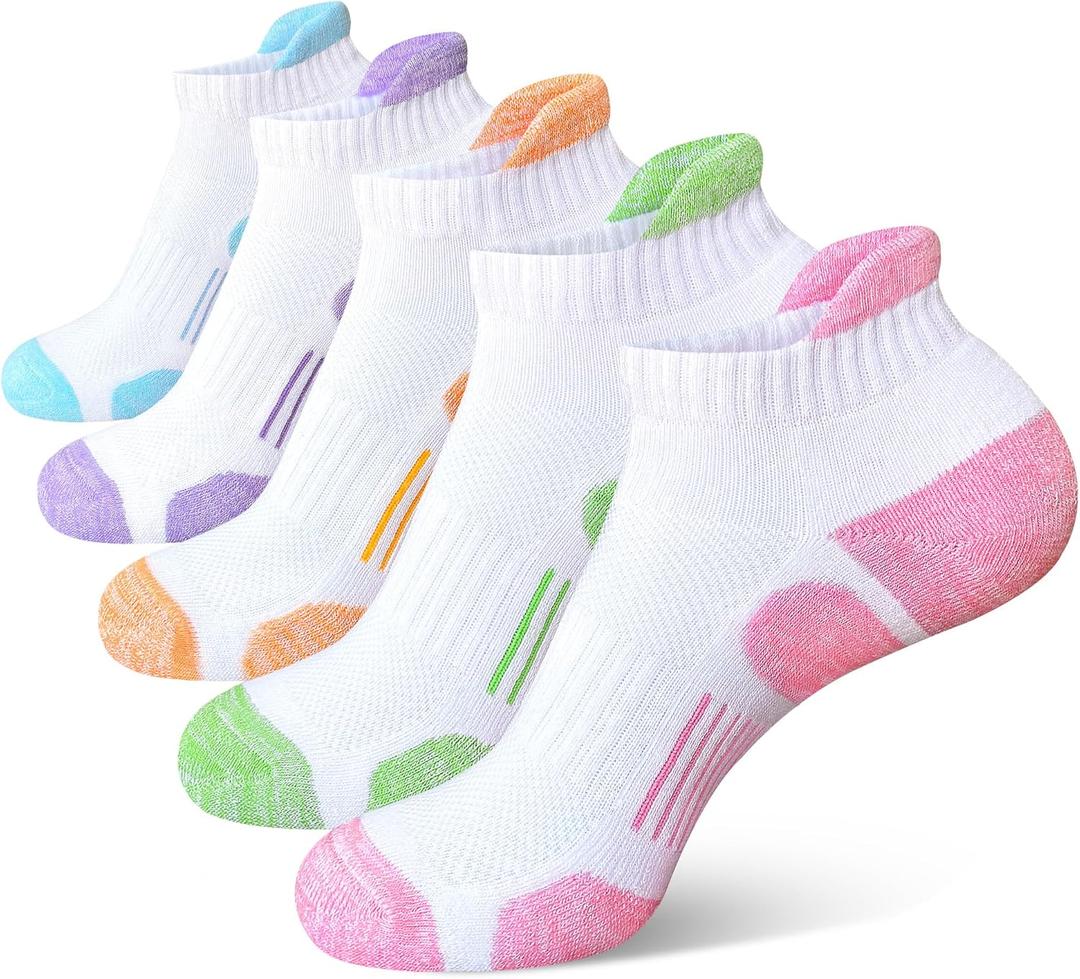 Heyoboy Womens Athletic Running Cotton Socks, Thick Cushioned Anti-blister Wicking Ankle Socks 5 Pairs (M)
