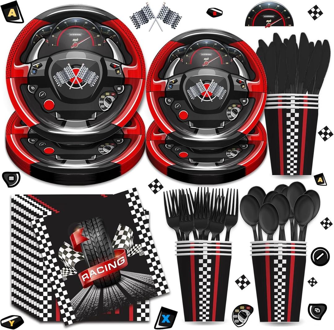 Race Car Birthday Party Supplies - Racing Cars Birthday Decorations Includes Plates, Napkins, Cups, Cutlery for Kids Boys Party, Serves 24