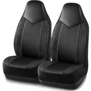 PIC AUTO Leather Car Seat Covers, Sports Carbon Fiber & Mesh Design, High-Back Two Front Set, Waterproof Automotive Seat Covers, Airbag Compatible, Universal Fit for Most Cars (Black & Black)