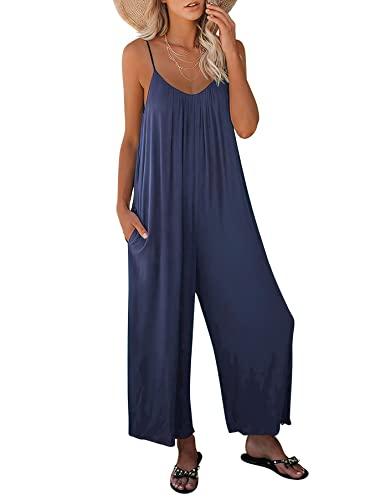 ANRABESS Women Jumpsuits 2026 Casual Sleeveless Spaghetti Strap Boho Wide Leg Rompers Summer Outfits Beach Vacation Clothes Navyblue Small