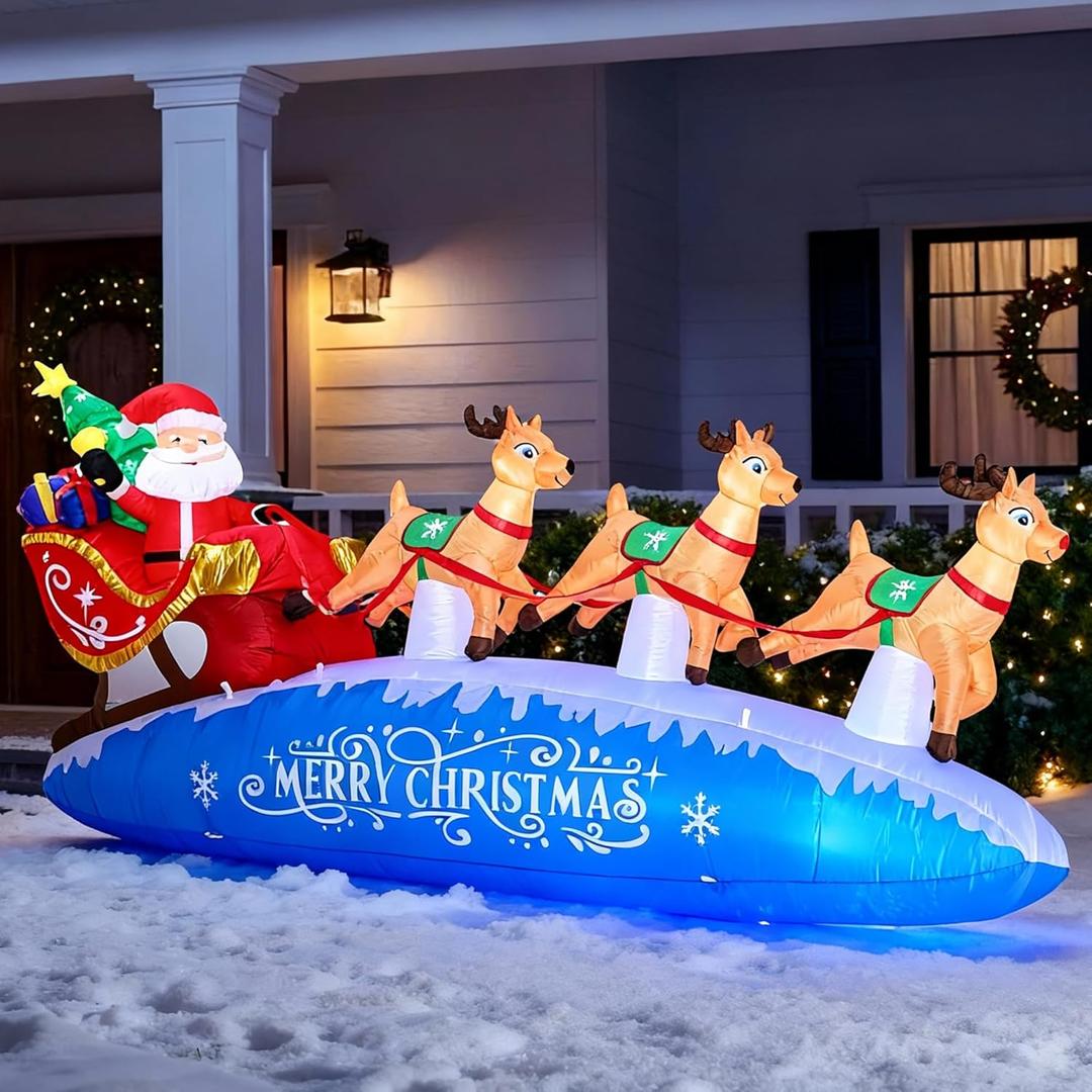 ZPISF 10 FT Santa Sleigh with Reindeer Christmas Inflatables Outdoor Decorations, Christmas Blow Up Yard Decorations for Garden Lawn Xmas Decor (Blue)