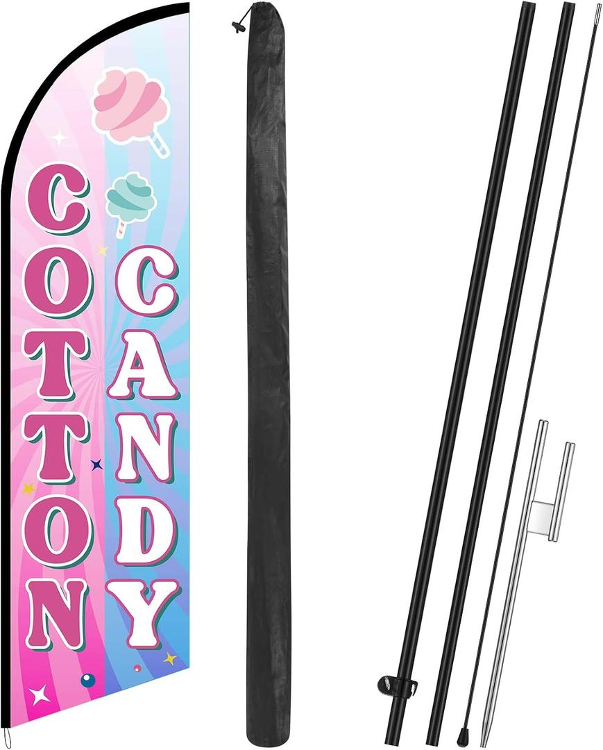 Remagr 11 ft Cotton Candy Feather Flag Swooper Flag Business Cotton Candy Signs Feather Flag Windless Banner Business Advertising Flag with Stainless Flagpole for Store Outdoor Carnivals