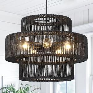 22" Black Boho Rattan Chandelier Light Fixture Hand Woven Farmhouse Pendant Lighting Rustic Boho Chandeliers for Dining Room Living Room Hallway Foyer 5-Lights