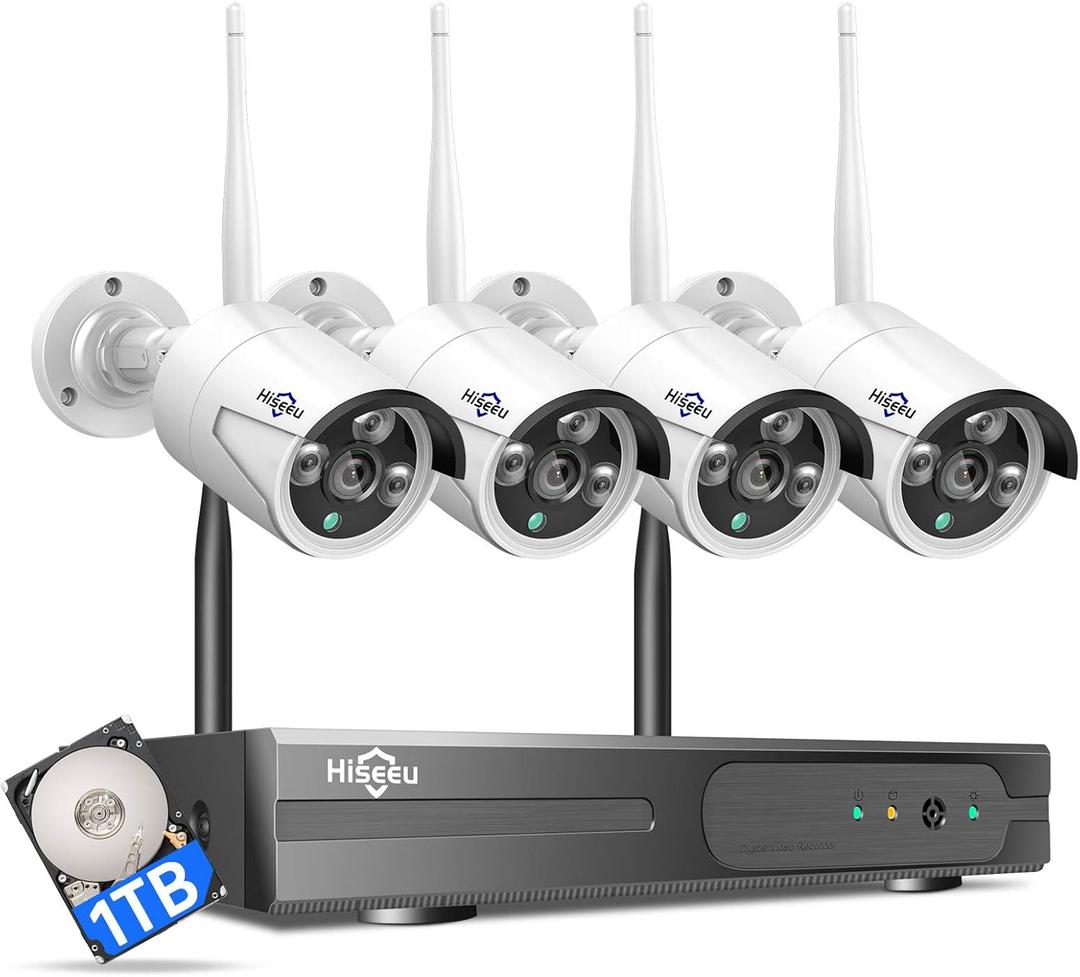 [100ft] Hiseeu Wireless WiFi Security Camera System, Wired Plug-in Powered, Expandable 16CH 4K NVR, 4Pcs 3MP Night Vision Cameras Home Surveillance Outdoor, Motion Detection, 1TB HDD, One-Way Audio