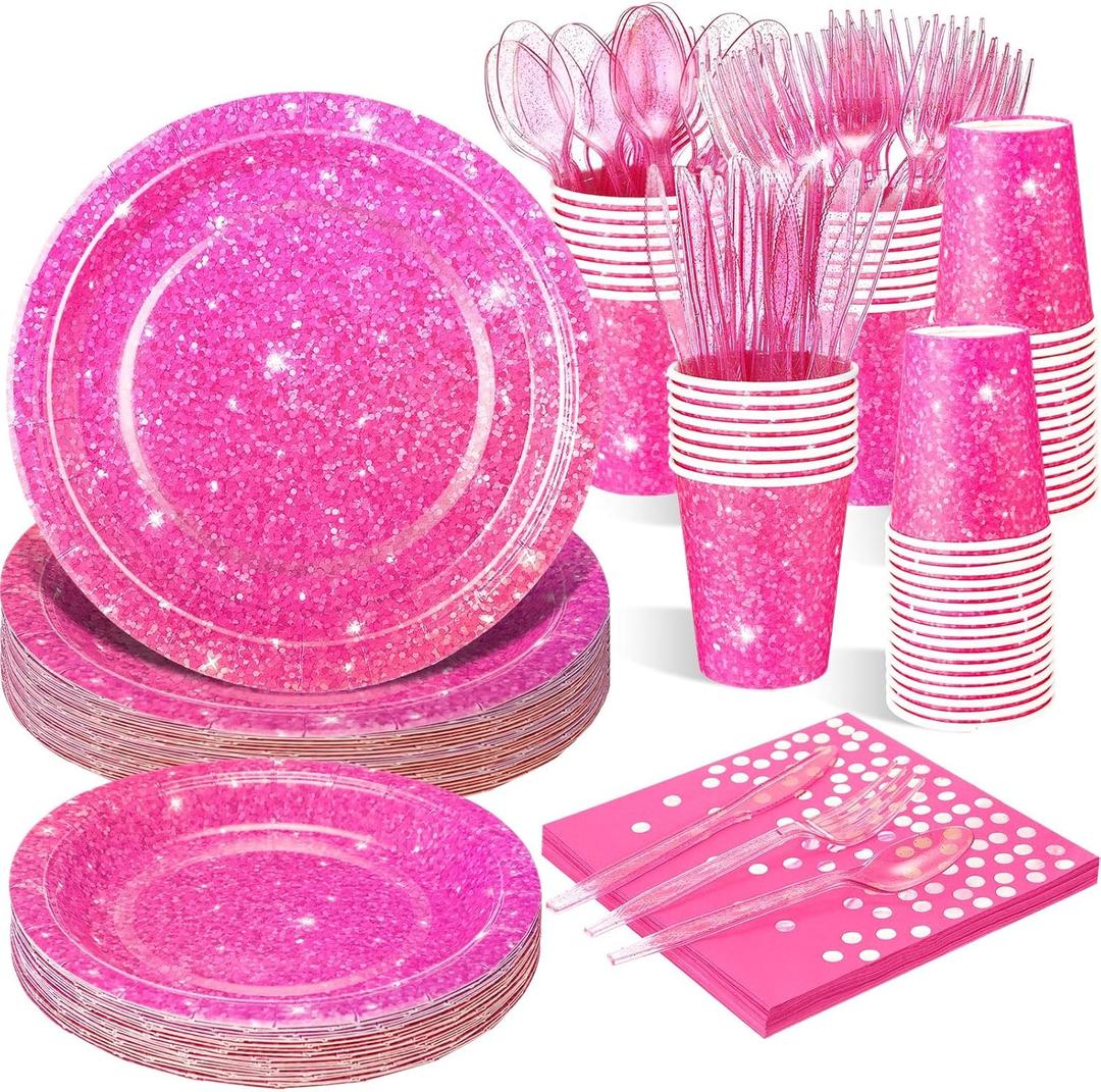 Hushee 350 Pcs Hot Pink Holographic Print Party Supplies Guests Disposable Dinnerware Set Include Paper Plates, Napkins, Cups, Plastic Cutlery for Wedding Birthday Disco Bachelorette