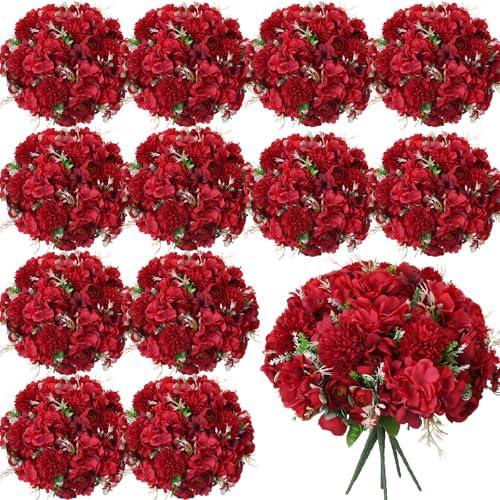 Tigeen 24 Bundles Peonies Artificial Flowers Faux Roses Silk Flowers Hydrangea Artificial Bouquet for Wedding Table Centerpiece Floral Vase Home Office Bridal Decor (Wine Red)
