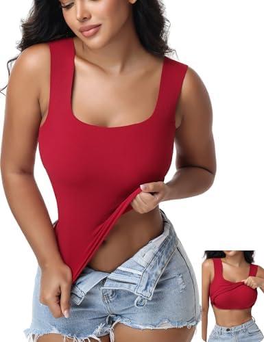 Women's Built-in Bra Tank Top Ribbed Slim Fit Wirefree Shelf Padded Tank Shirts Wide-Strap Square Neck, L