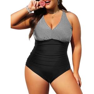 Aqua Eve Women Plus Size One Piece Swimsuits V Neck Tummy Control Bathing Suits Retro Ruched Swimwear Size 20W