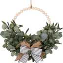 24" Beaded Eucalyptus Wreath with Bow - Boho Eucalyptus Leaves Wreath for Front Door - Spring Wreath, Wood Bead Wreath, Year Round Wreath, Boho Decor, Eucalyptus Decor, Green Home Decor - 24 inches