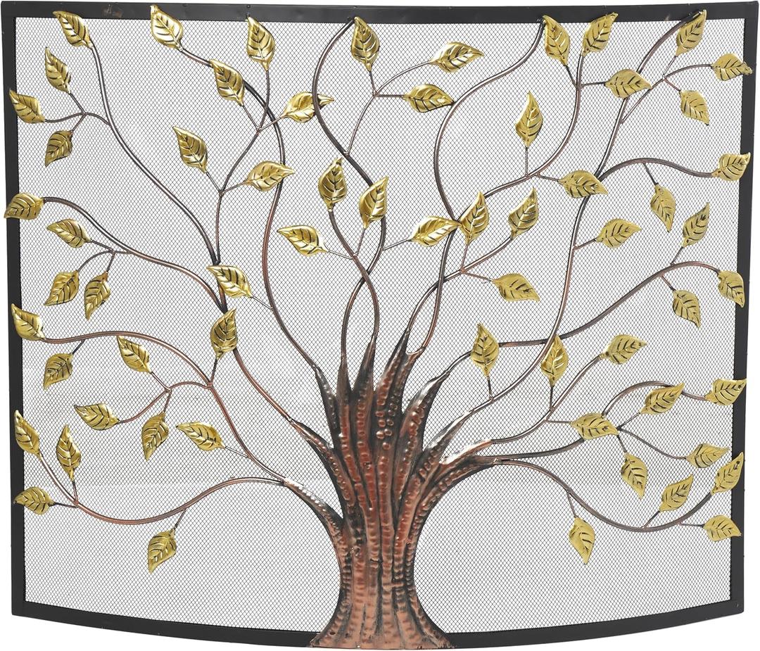 Deco 79 Farmhouse Metal Fireplace Screen with Tree Detail, 39" x 7" x 33", Green