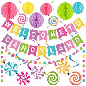 Pasimy Welcome to Candy Land Banner with Colorful Honeycomb Balls Candy Sweet Party Decorations Garland Hanging Swirls Decor Set Lollipop Paper Cutouts Dot for Birthday Party Supplies