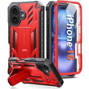 FNTCASE for iPhone 16 Phone Case: Military Grade [Built-in Screen Protector] [Kickstand] Matte Textured Drop Proof Protection Cover | Rugged Shockproof TPU Protective Sturdy Cases - Red