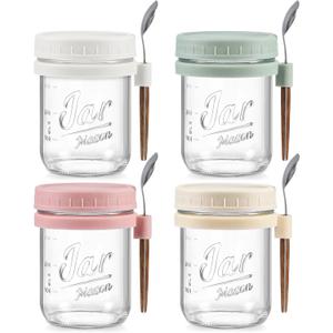LANDNEOO 4 Pack Overnight Oats Containers with Lids and Spoons, 16 oz Glass Mason Jars with Airtight Lids, Overnight Oats Jars for Milk, Cereal, Fruit (Light Colors)