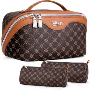 BOYATU Travel Makeup Bag Cosmetic Bags for Women: 3 Pcs Set Large Portable Make up Bag with Handle - Vegan Leather Toiletry Bags with Compartments - Makeup Organizer for Travel Essentials(01-Coffee)