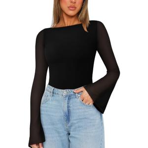 REORIA Women's Trendy Sexy Boat Neck Bell Sleeve Sheer Mesh Going Out Bodysuit Tops (Medium, Black)