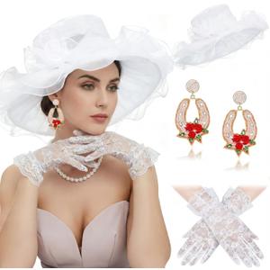 Tradder 3 Pcs Derby Outfits for Women Organza Fascinator Hat Beaded Derby Earrings Gloves Tea Party Outfit for Ladies (White, M)