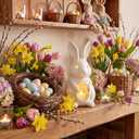 Easter Bunny Figurines 11 Inch Light up Easter Bunny Decorations White Resin Rabbit Figurines for Spring Indoor Rustic Decor Home Table Room Kitchen(Flower Style)