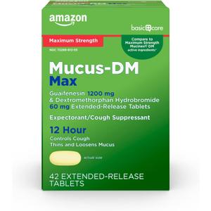 Amazon Basic Care Maximum Strength Mucus DM, Expectorant and Cough Suppressant Extended-Release Tablets, 42 Count