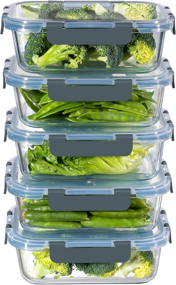 MFY 5-Pack 36 OZ Glass Storage Containers with Lids, Glass Meal Prep Containers Set, Airtight Lunch Containers with Lids, Microwave, Oven, Freezer and Dishwasher Safe, Gray