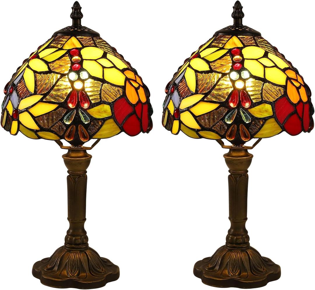 Tiffany Small Table Lamp for Bedroom Set of 2 Bedside Nightstand Lamp Rose Flower Grape Stained Glass Table Lamps for Living Room 3 Light Colors Tempertures Home Office Desk Lamps (2 Pack 8X8X15Inch)