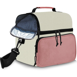 QDCYP Insulated Lunch Box Dual Compartment Lunch Bag Leakproof Cooler for Men Women with Adjustable Strap,for Work, Picnic, Beach, Camping, Travel (Pink Beige,12L)