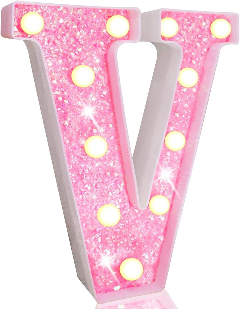 Pooqla LED Marquee Letter Lights, Pink Glitter Light Up Letters Alphabet Sign Battery Powered Night Light, Birthday Party Wedding Girls Gifts, Christmas Room Dorm Bedroom Decoration, Pink Letter V