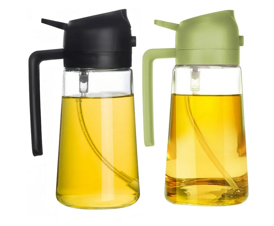 TrendPlain 16oz/470ml Glass Olive Oil Sprayer for Cooking – 2 in 1 Olive Oil Dispenser Bottle for Kitchen Gadgets and Air Fryer Accessories, Salad, BBQ - Black & Green