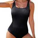 Aleumdr Bathing Suits for Women One Piece Swimsuits Tummy Control Square Neck Ribbed 2025 Slimming Swimwear Black X-Large