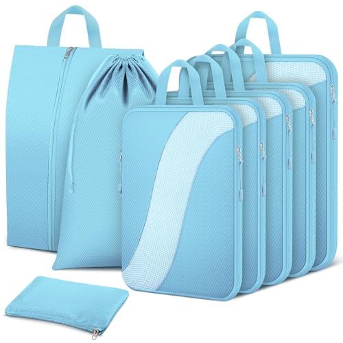 8 Set Compression Packing Cubes Travel, Expandable Travel Cubes for Carry on Luggage, Suitcase Organizer Compression Bags for Travel Essentials, Light Blue