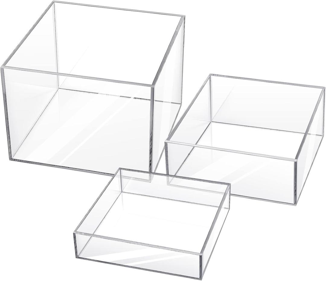 Set of 3 Acrylic Display Risers - Acrylic Boxes & Cubes - 5 Sided with Hollow Bottoms - Display Stand for Collectibles (Clear)