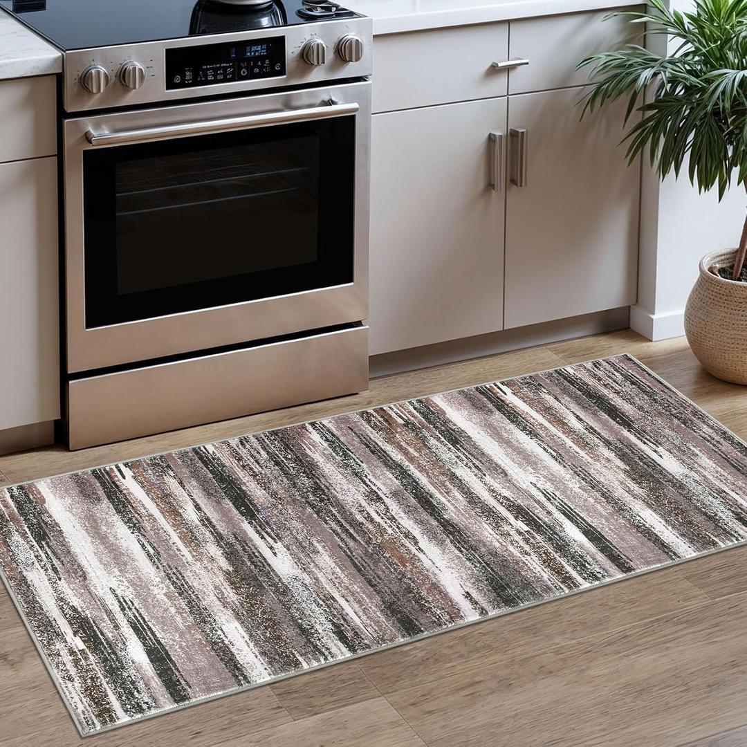 Lansny Modern Abstract Runner Rug 2x5, Dark Light Brown White Washable Kitchen Runner Entryway Rug Mat Non-Slip Soft Hallway Rug Runner Thin Print Faux Wool Carpet for Bedroom Laundry Room Indoor,  Dark Light Brown White, 2' x 5' (Runner)