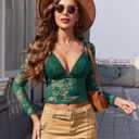 Avidlove Women's Sheer Mesh Long Sleeve Crop Top Slim Fit Shirt Sexy Bralette and Lace Top Set (Green, L)