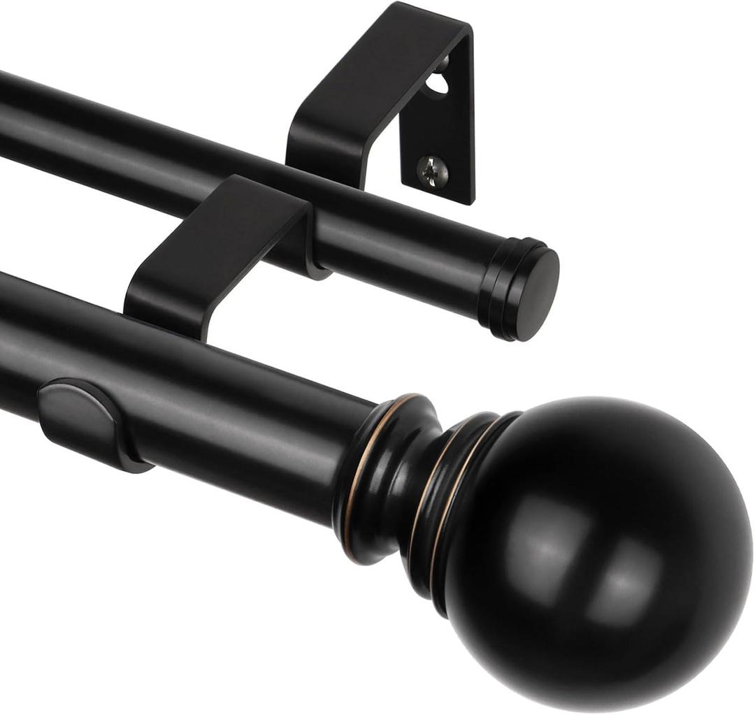 KAMANINA Black Double Curtain Rods 36 to 72 Inches(3-6 Feet), 1 Inch Heavy Duty Curtain Rods for Windows 28 to 48 In, Telescoping Curtain Rod for Bedroom, Dual Curtain Rod with Round Finials