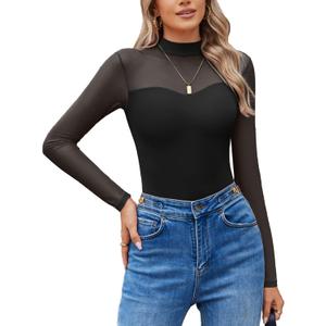 Avidlove Long Sleeve Bodysuits for Women Mock Neck Sheer Mesh Sleeve Bodysuit Double Lined Leotards Shirt Going Out Top (X-Large, Black)