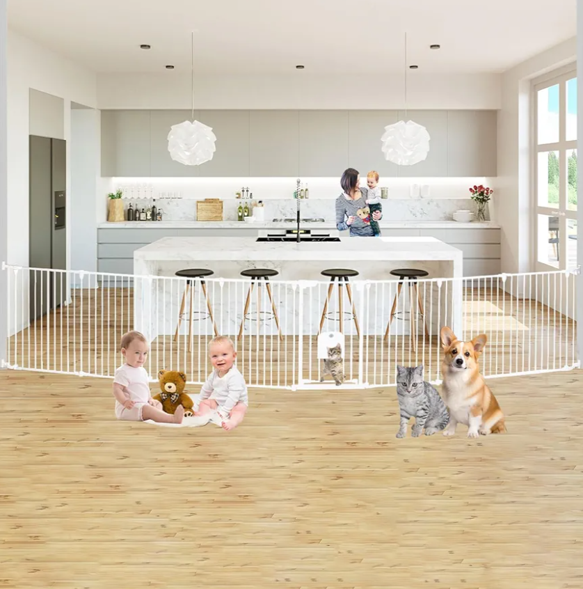 199.21" Extra Wide Baby Gate with Cat Door, Auto Close Pet Gates Dog Gate, Hardware Mounted Walk Through Swing Safety Baby Gates for Stairs, Doorways, Kitchen, House, 30" Tall, 8 Panels